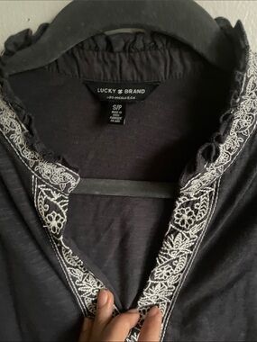 Lucky Brand Black Long-Sleeve Henley with White Embroidered Trim